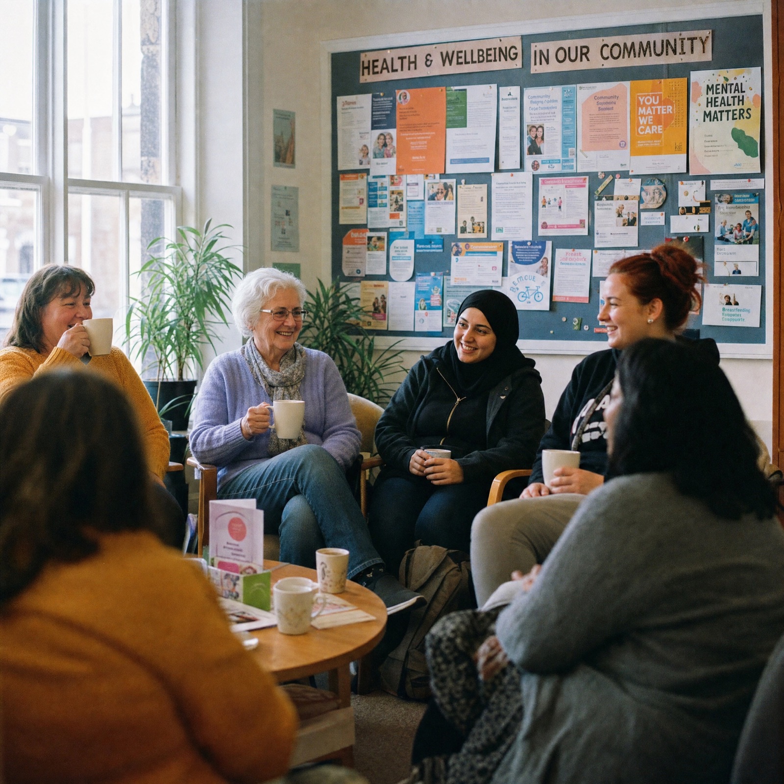 Adults in warm conversation in a community hall