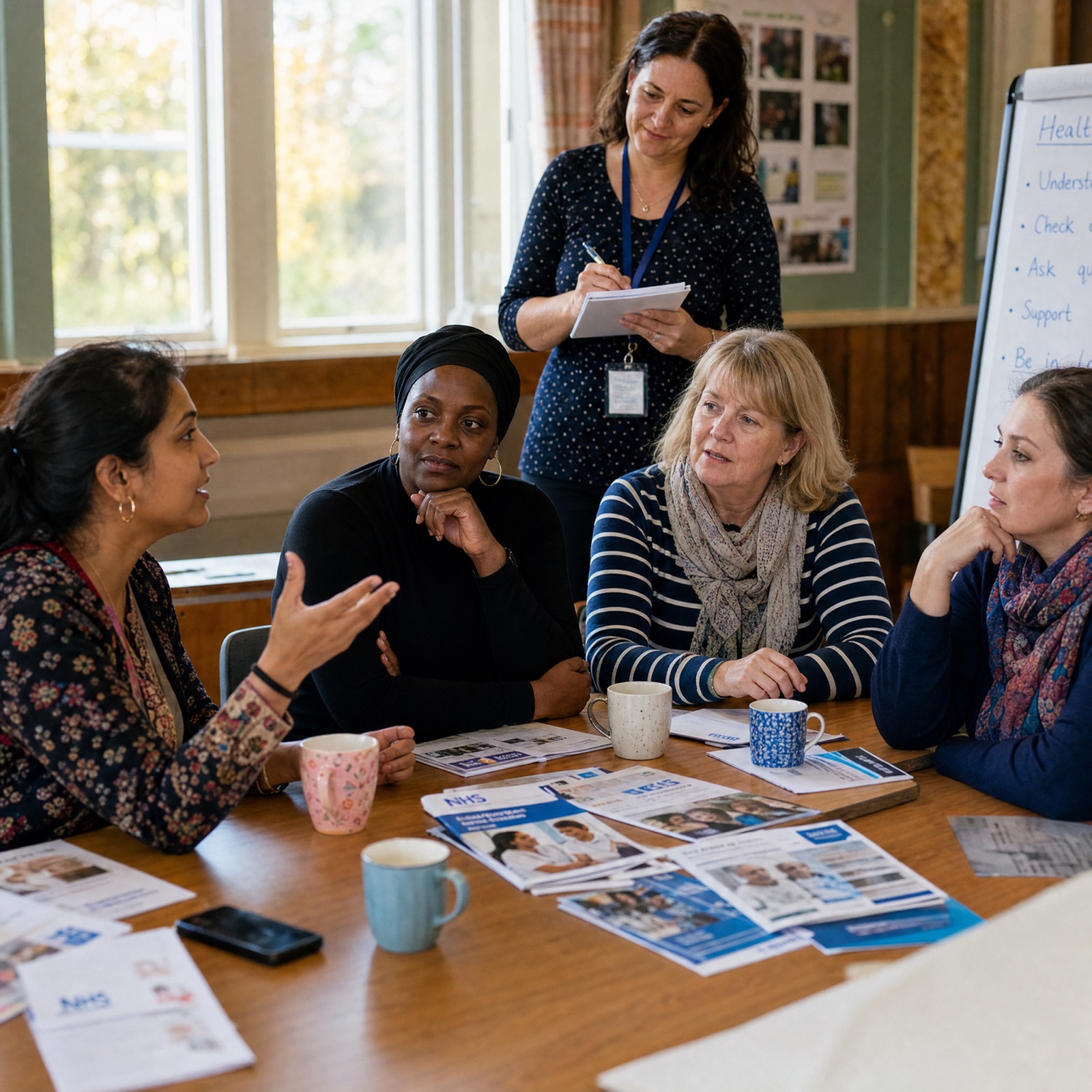 A circle of adults in conversation at a warm Linlithgow community hall